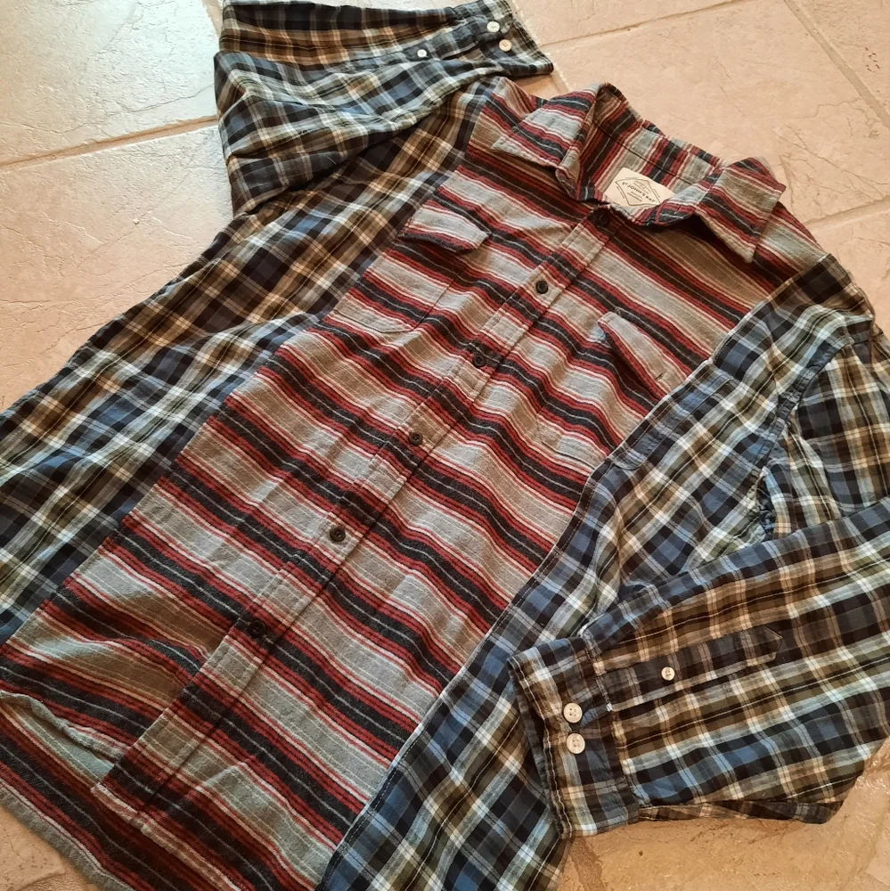 Spliced Flannel Plaid Shirt Upcycled Mens M-L womans L-XL unisex - Picture 5 of 5